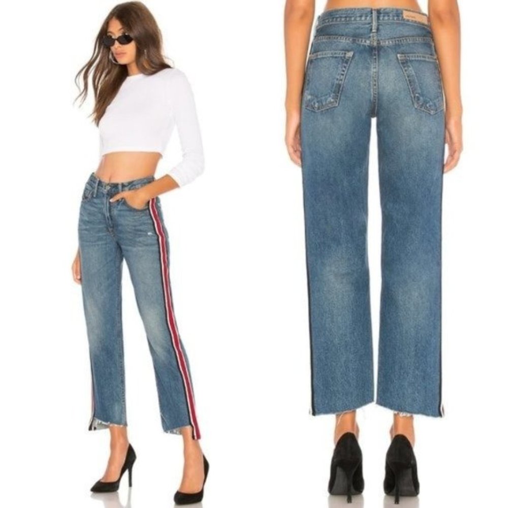 GRLFRND Blue High Rise Jeans with Red Stripe